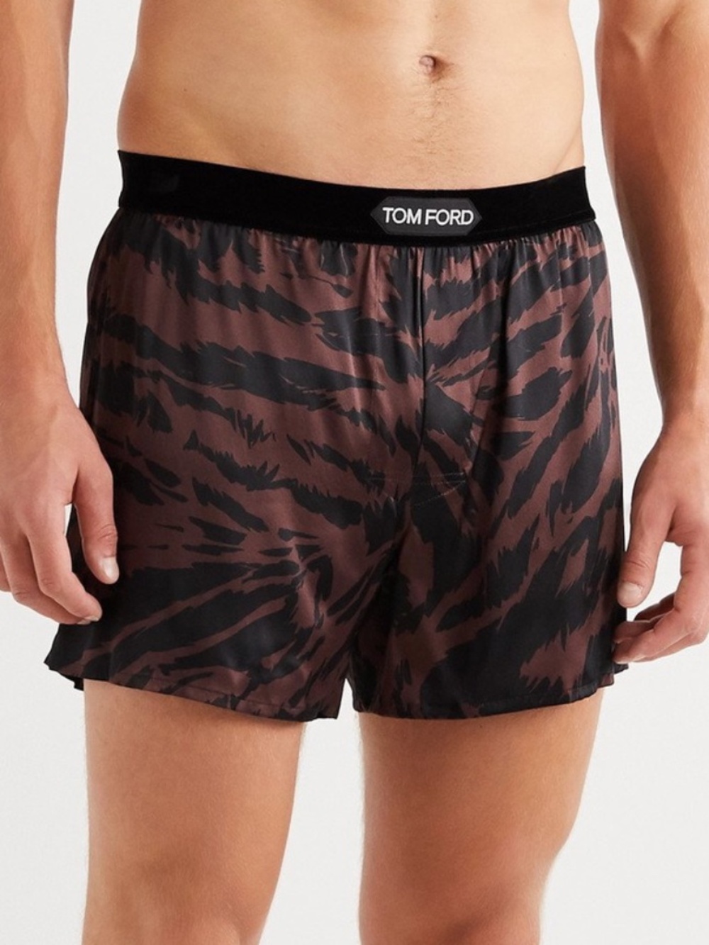 Tom Ford Brown Black Zebra Stretch Silk Logo Velvet Waistband Boxer Shorts